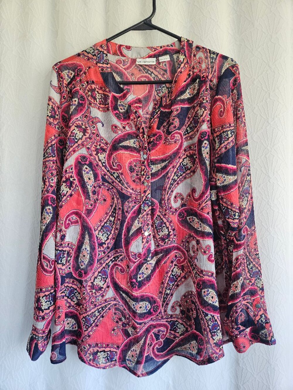 Liz Claiborne Semi Sheer Paisley Pink Purple Long Sleeve Blouse Large